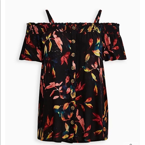 torrid Tops - Torrid Smocked Cold Shoulder Black Leaf Top 3X